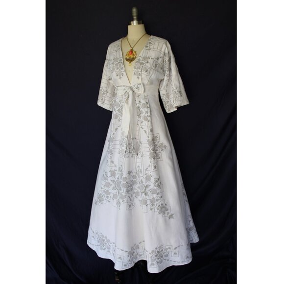 Rare custom Vintage Linen Crochet embroidered maxi dress gown caftan kimono - Picture 5 of 9